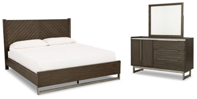 Ashley Furniture Arkenton bedroom set with a modern bed frame, matching nightstands, and a coordinated dresser and mirror.