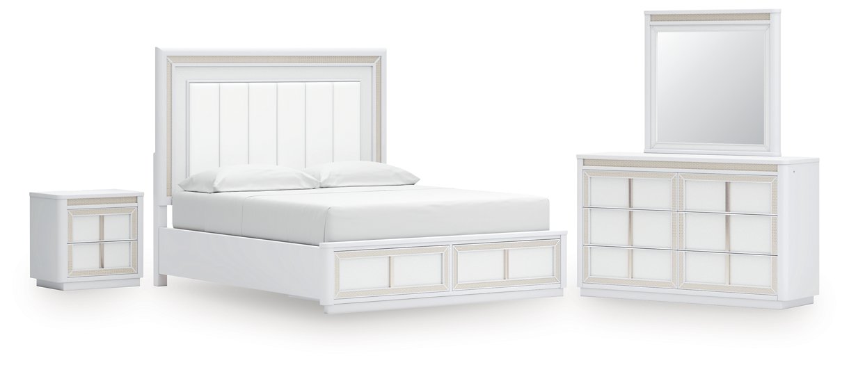 Ashley Furniture Chalanna bedroom set with a bed, nightstands, and dresser in a modern design, shown in a stylish bedroom setting.