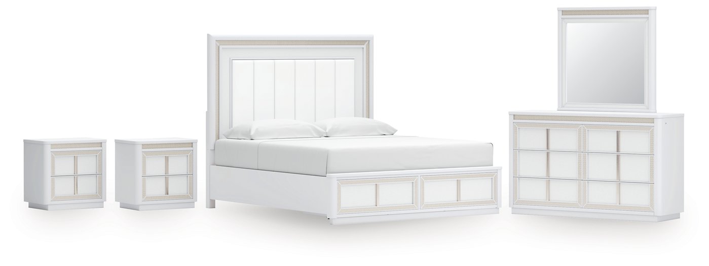 Ashley Furniture Chalanna bedroom set featuring a bed frame, matching nightstands, and dresser in a modern bedroom design.