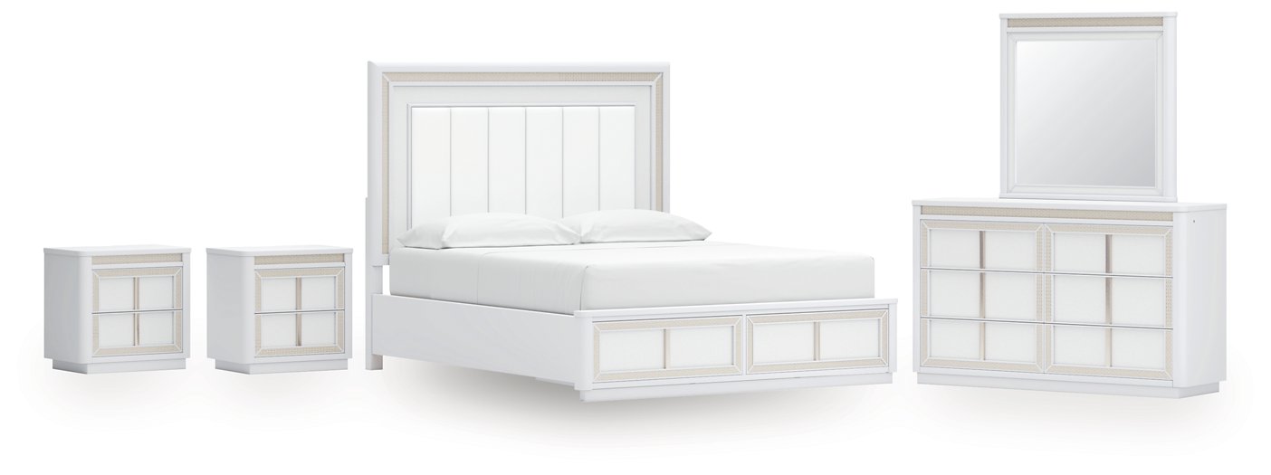 Ashley Furniture Chalanna bedroom set featuring a bed, nightstands, and dresser in a modern wood finish.
