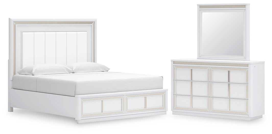 Ashley Furniture Chalanna bedroom set with a modern bed frame, matching nightstands, and a coordinated dresser in a stylish bedroom.