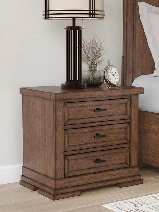 Ashley Furniture Taffenbrook nightstand with a dark wood finish and modern design, featuring a single drawer and open shelf.
