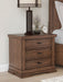 Ashley Furniture Taffenbrook nightstand with a dark wood finish and modern design, featuring a single drawer and open shelf.