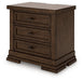 Ashley Furniture Taffenbrook nightstand with a dark wood finish and modern design, shown from an angled perspective.