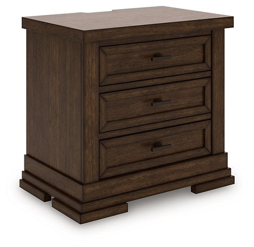 Ashley Furniture Taffenbrook nightstand with a warm wood finish and modern design, shown from an angled side view.