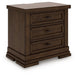 Ashley Furniture Taffenbrook nightstand with a warm wood finish and modern design, shown from an angled side view.