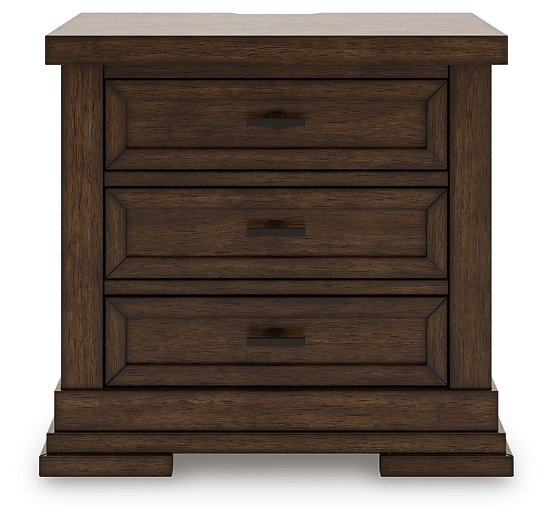 Ashley Furniture Taffenbrook nightstand with a dark wood finish and modern design, featuring a single drawer and open shelf.