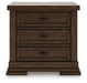 Ashley Furniture Taffenbrook nightstand with a dark wood finish and modern design, featuring a single drawer and open shelf.
