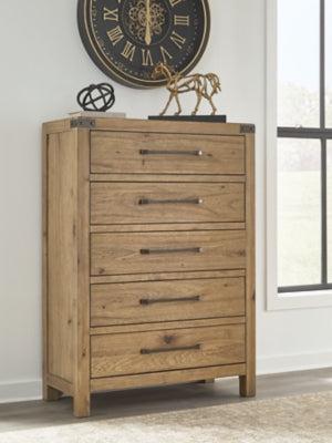 Ashley Furniture Ridgester chest of drawers with a rustic wood finish and multiple storage drawers.