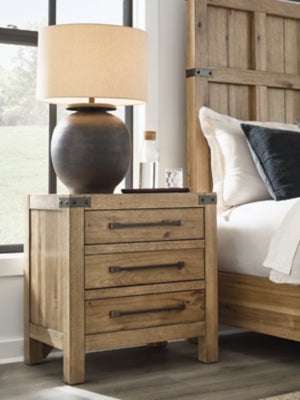 Ashley Furniture Ridgester nightstand with a dark wood finish and two drawers, featuring sleek metal handles.