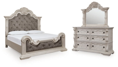 Ashley Furniture Bruchandi bedroom set featuring a bed frame, nightstands, and dresser with a modern design and neutral finish.