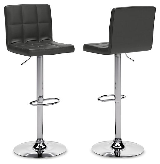 Ashley Furniture Bellatier adjustable height bar stool with a modern design, featuring a padded seat and metal base.