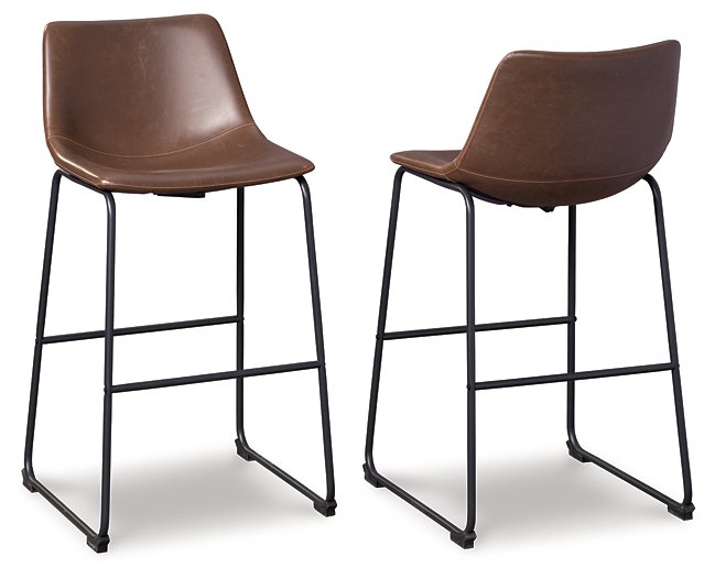 Ashley Furniture Centiar pub height bar stool with wooden frame and cushioned seat, shown in dark finish.