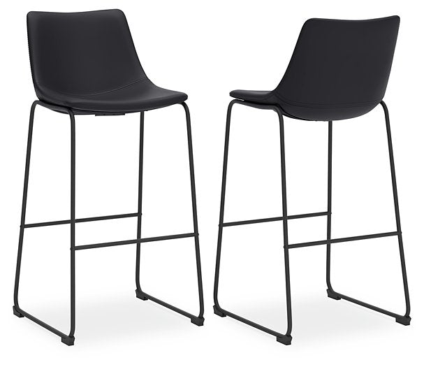Ashley Furniture Centiar pub height bar stool with wooden seat and metal frame, shown in a modern bar setting.