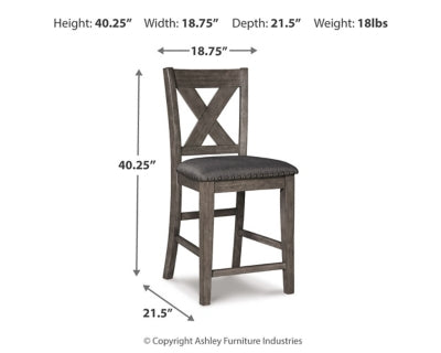 Ashley Furniture Caitbrook counter height barstool set with tan upholstered seats and dark wood legs for dining or bar areas.