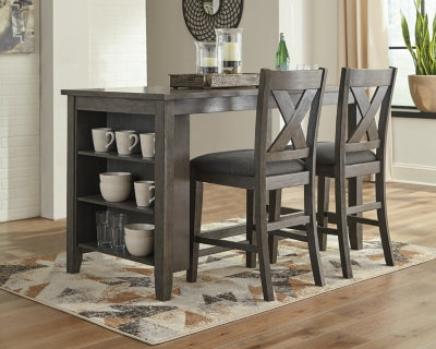 Set of Ashley Furniture Caitbrook counter height dining barstools, featuring wooden seats and metal legs, ideal for kitchen or bar area.