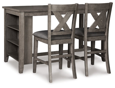 Set of Ashley Furniture Caitbrook counter height barstools with wooden seats and metal frames, ideal for dining areas.
