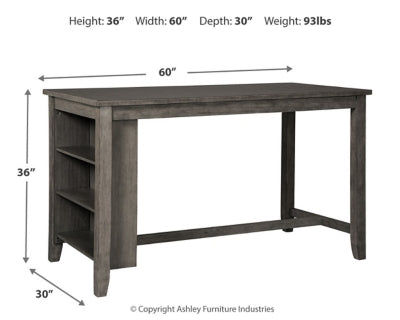 Set of four Ashley Furniture Caitbrook counter height barstools with wood seats and dark metal frames, arranged around a matching dining table.