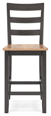 Ashley Furniture Gesthaven dining room set with a wooden table and six matching chairs, shown from head-on perspective.