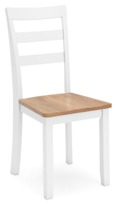Ashley Furniture Gesthaven dining set with a wooden table and six upholstered chairs, shown from an angled side view.