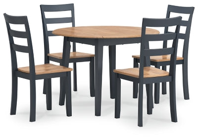 Ashley Furniture Gesthaven dining room set with a wooden table and six upholstered chairs, viewed from a side angle.