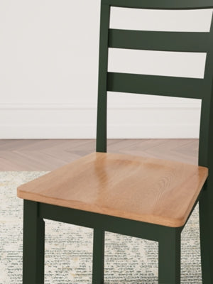 Ashley Furniture Gesthaven dining room set with a wooden table and six matching chairs, detailed close-up view of the table surface.