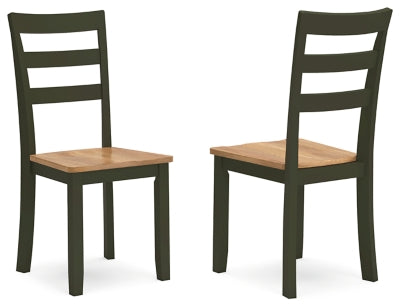 Ashley Furniture Gesthaven dining room set with a wooden table and six matching chairs, shown from an angled side view.