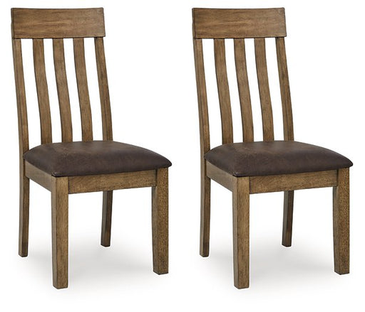 Ashley Furniture Urbinforte dining chair with wooden legs and upholstered seat, shown from an angled view.