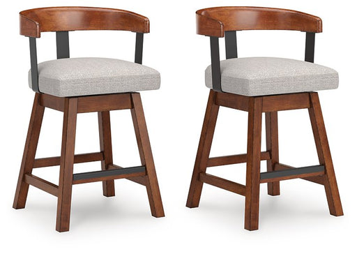Pair of Ashley Furniture Ralene counter height barstools with wooden seats and metal frames, shown from an angled view.