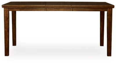 Ashley Furniture Ralene counter height dining extension table with a sleek wood finish and sturdy legs, shown from a head-on angle.