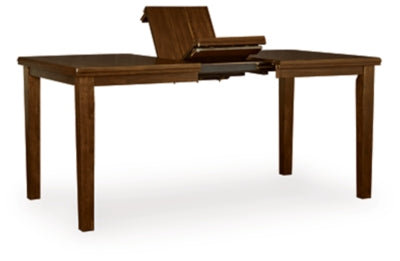 Ashley Furniture Ralene counter height dining extension table with leaf, shown from an angled side view.