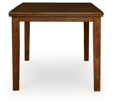 Ashley Furniture Ralene counter height dining extension table with a wooden finish and sturdy legs, shown with extended leaves.