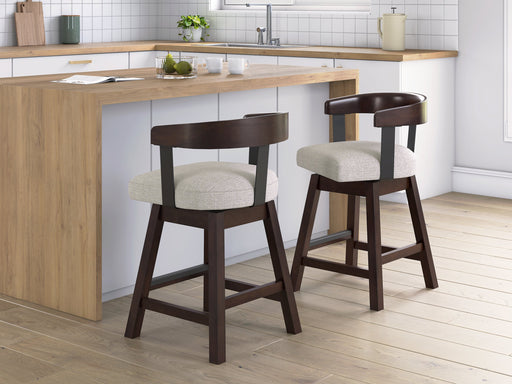 Two Ashley Furniture Haddigan counter height barstools with wood seats and black metal legs, shown from a side view.