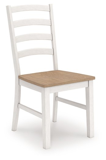 Ashley Furniture Purlaney dining chair with upholstered seat and curved wooden back, shown from an angled side view.