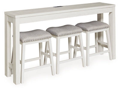 Ashley Furniture Robbinsdale counter height dining table with three matching barstools, shown from an angled side view.