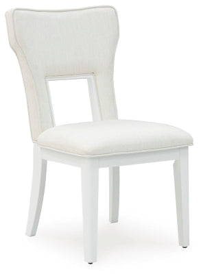 Ashley Furniture Chalanna dining chair with dark wood legs and upholstered beige seat, shown from an angled view.