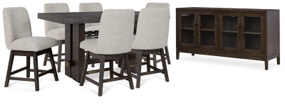 Ashley Furniture Burkhaus dining room set with a wooden table and matching chairs, shown in a modern dining space.