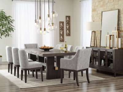 Ashley Furniture Burkhaus dining room set with a wooden table and matching chairs, shown in a modern, elegant dining space.