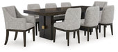 Ashley Furniture Burkhaus dining room set with wooden table and six upholstered chairs in a contemporary style