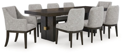 Ashley Furniture Burkhaus dining room set with wooden table and six upholstered chairs in a contemporary style