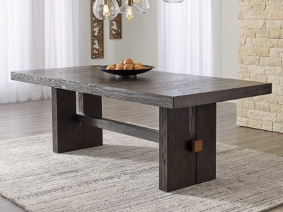 Ashley Furniture Burkhaus dining room set with a wooden table and matching chairs in a modern, elegant design.