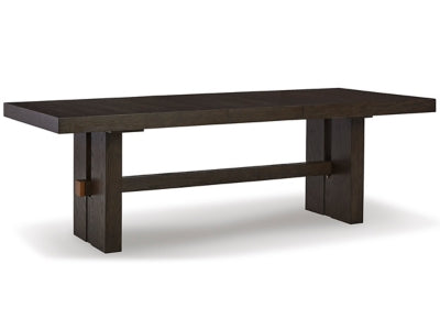 Angle view of Ashley Furniture Burkhaus dining room set with a wooden table and six matching chairs in a modern dining space.