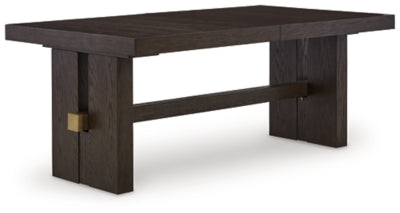 Ashley Furniture Burkhaus dining room set with table and chairs, angled view showcasing wood finish and modern design.