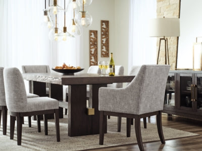 Ashley Furniture Burkhaus dining room set with a dark wood table and matching chairs, perfect for elegant dining spaces.