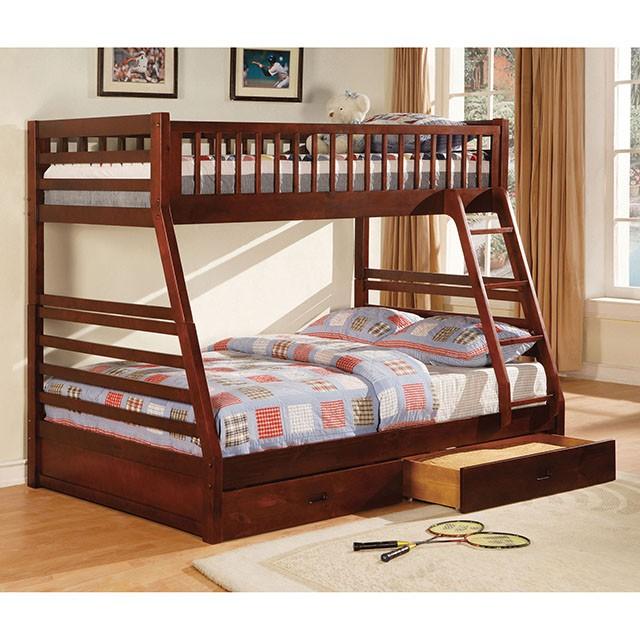 California II Cherry Twin/Full Bunk Bed w/ 2 Drawers Cherry, Walnut, Grey, &Oak