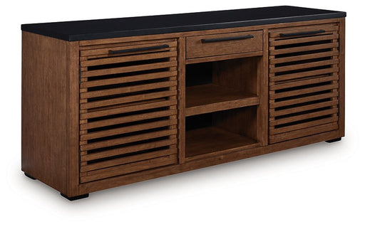 Ashley Furniture Kallari Credenza bookcase with closed shelves in warm wood finish, angled view showing storage compartments.