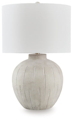 Ashley Furniture Calbert Table Lamp with fabric shade and wooden base, ideal for bedside or living room decor.