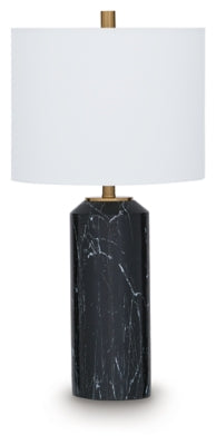 Hanzila table lamp by Ashley Furniture featuring a sleek design with a fabric shade and wooden base.