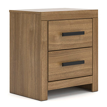 Ashley Furniture Broachmyn nightstand with a dark wood finish and modern design, featuring storage drawers and sleek hardware.