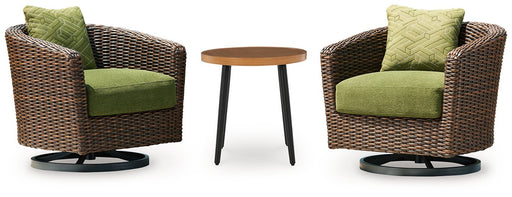 Ashley Furniture Horizon Hall outdoor table set with a rectangular table and matching chairs in a stylish outdoor patio setting.